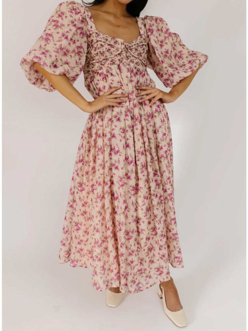 Floral Puff-Sleeve Midi Dress in Blush Pink